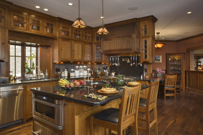 Interior, horizontal, kitchen looking into dining room, Stickley furniture, Ossman residence, Sylva, North Carolina, M. Shawn Leatherwood & Associates