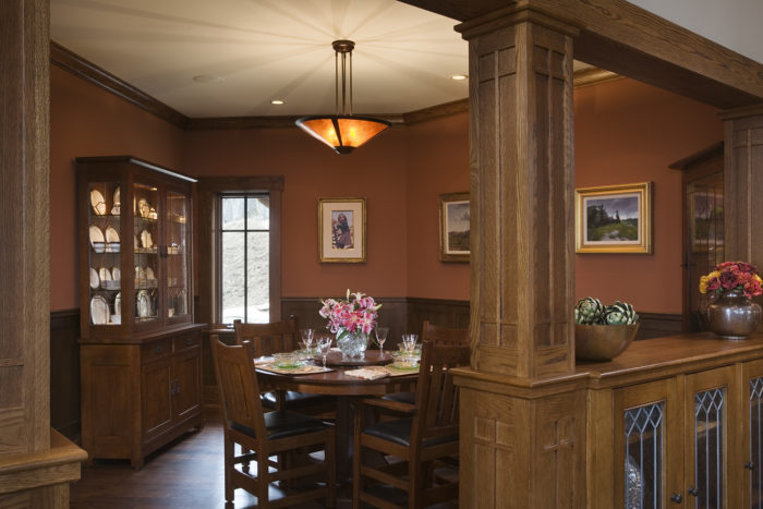 interior, horizontal, dining room through doorway with built in cabinets, Stickley furniture, Ossman residence, Sylva, North Carolina, M. Shawn Leatherwood & Associates
