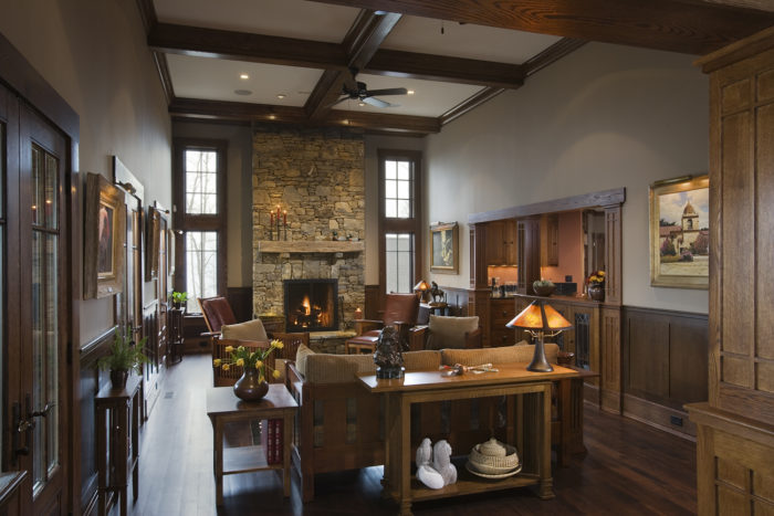 Interior, horizontal, living room overall, Stickley furniture, Ossman residence, Sylva, North Carolina, M. Shawn Leatherwood & Associates