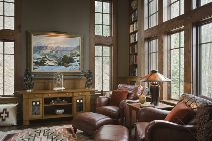 Interior, horizontal, library, Stickley furniture, Ossman residence, Sylva, North Carolina, M. Shawn Leatherwood & Associates