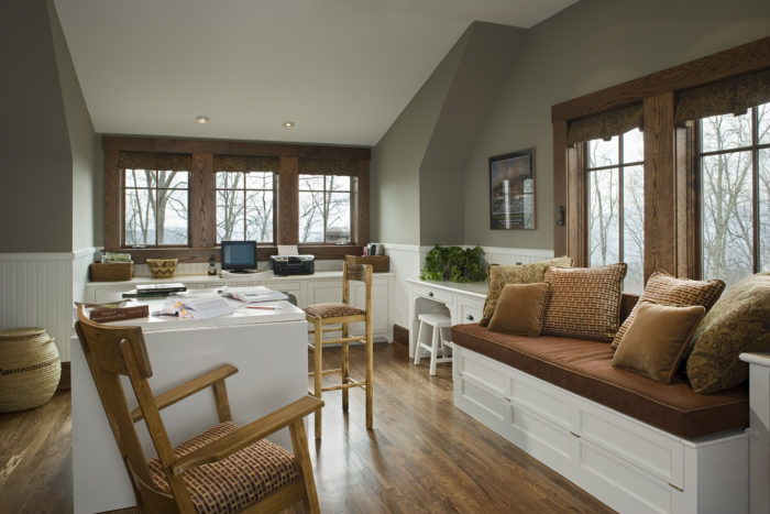 interior, horizontal, office with window seat that pulls out toqueen bed, Ossman residence, Sylva, North Carolina, M. Shawn Leatherwood & Associates