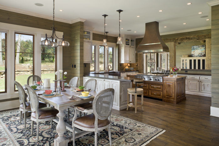 Interior, horizontal, kitchen looking into living room, Watson residence, Mills River, North Carolina; M. Shawn Leatherwood & Associates; Towery Builders; Gregory Paolini Design