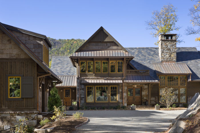 Exterior, horizontal, front elevation detail, Bowden residence, Balsam Mountain Preserve, North Carolina; M. Shawn Leatherwood & Associates; Morgan Keefe Builders