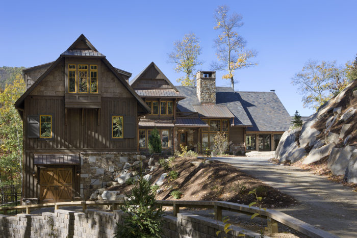 Exterior, horizontal, front elevation from below, Bowden residence, Balsam Mountain Preserve, North Carolina; M. Shawn Leatherwood & Associates; Morgan Keefe Builders