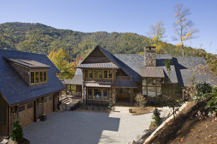 Exterior, horizontal, front view from hillside, Bowden residence, Balsam Mountain Preserve, North Carolina; M. Shawn Leatherwood & Associates; Morgan Keefe Builders