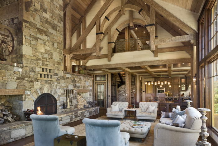 Interior, horizontal, living room toward kitchen, Bowden residence, Balsam Mountain Preserve, North Carolina; M. Shawn Leatherwood & Associates; Morgan Keefe Builders
