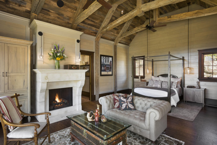 Interior, horizontal, master bedroom, Bowden residence, Balsam Mountain Preserve, North Carolina; M. Shawn Leatherwood & Associates; Morgan Keefe Builders