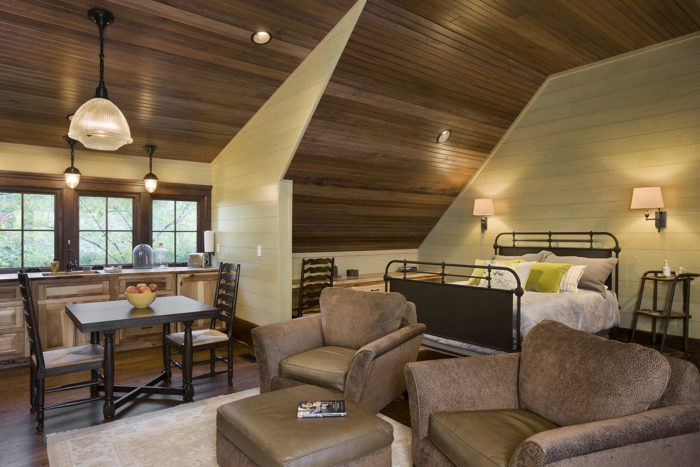 Interior, horizontal, guest suite over garage, Bowden residence, Balsam Mountain Preserve, North Carolina; M. Shawn Leatherwood & Associates; Morgan Keefe Builders