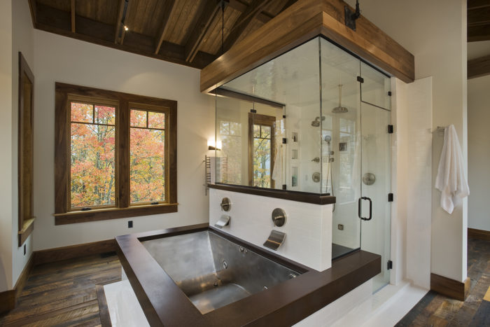 Interior, horizontal, master bathroom, Parker residence, Balsam, North Carolina; M. Shawn Leatherwood & Associates; Barber Builders; Harmony Timberworks
