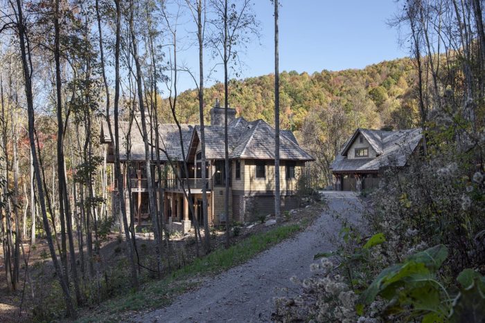 Exterior, horizontal, scene setter of house and garage, Lemonine residence, Balsam Mountain Preserve, North Carolina; M. Shawn Leatherwood & Associates; Morgan-Keefe Builders