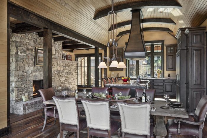 Interior, horizontal, dining room and kitchen toward fireplace, Lemonine residence, Balsam Mountain Preserve, North Carolina; M. Shawn Leatherwood & Associates; Morgan-Keefe Builders