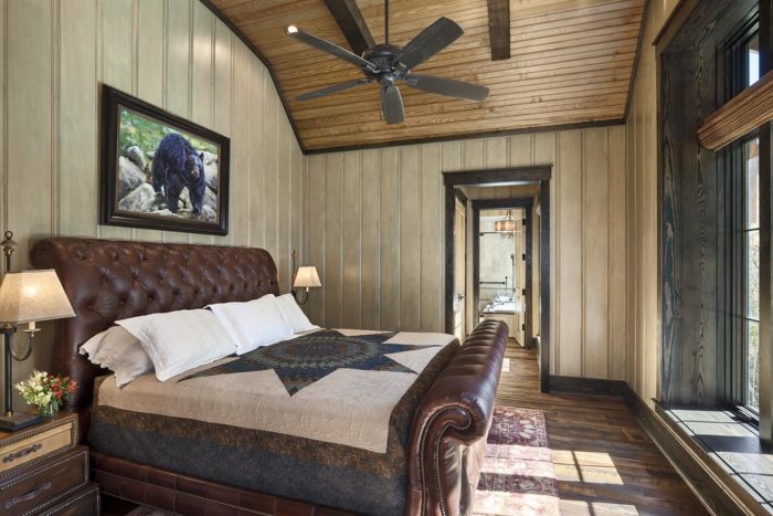 Interior, horizontal, guest master suite, Lemonine residence, Balsam Mountain Preserve, North Carolina; M. Shawn Leatherwood & Associates; Morgan-Keefe Builders