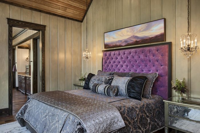 Interior, horizontal, master bedroom suite looking into bathroom, Lemonine residence, Balsam Mountain Preserve, North Carolina; M. Shawn Leatherwood & Associates; Morgan-Keefe Builders