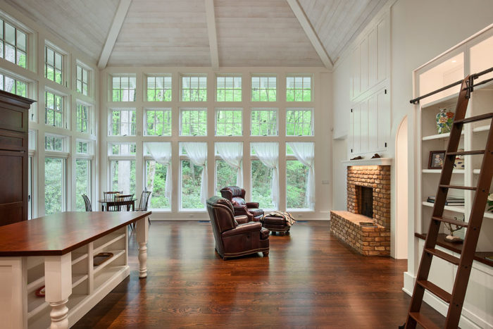 Interior, horizontal, overall living dining room toward windows, Rupp Cottage, Black Mountain, North Carolina; The Architectural Studio