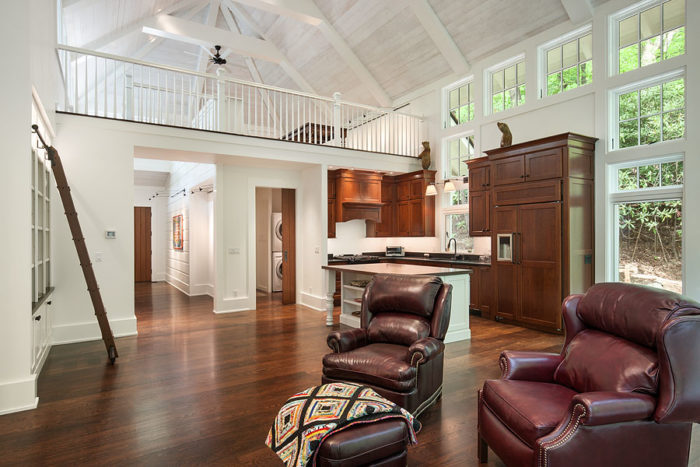 Interior, horizontal, overall living room toward kitchen and entry, Rupp Cottage, Black Mountain, North Carolina; The Architectural Studio
