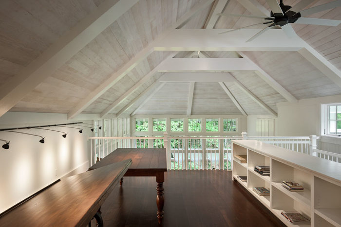 Interior, horizontal, upper level loft looking out living room windows, Rupp Cottage, Black Mountain, North Carolina; The Architectural Studio