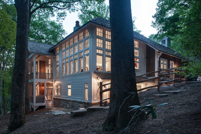 Exterior, horizontal, rear 3/4 at twilight, Rupp Cottage, Black Mountain, North Carolina; The Architectural Studio