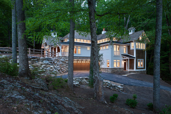 Exterior, horizontal, front 3/4 view at twilight, Rupp Cottage, Black Mountain, North Carolina; The Architectural Studio