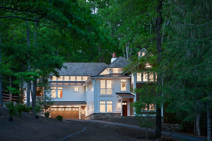 Exterior, horizontal, overall 3/4 view through trees from below, Rupp Cottage, Black Mountain, North Carolina; The Architectural Studio