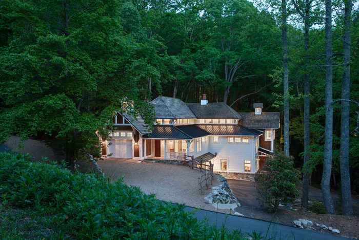 Exterior, horizontal, south elevation at twilight, Rupp Cottage, Black Mountain, North Carolina; The Architectural Studio